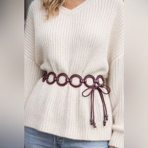 Burgundy Vintage Leather Circle Link Tie Belt Boho Statement Waist Belt